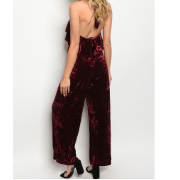 NWT Chic Wine Red Crushed Velvet Jumpsuit - Picture 3 of 4